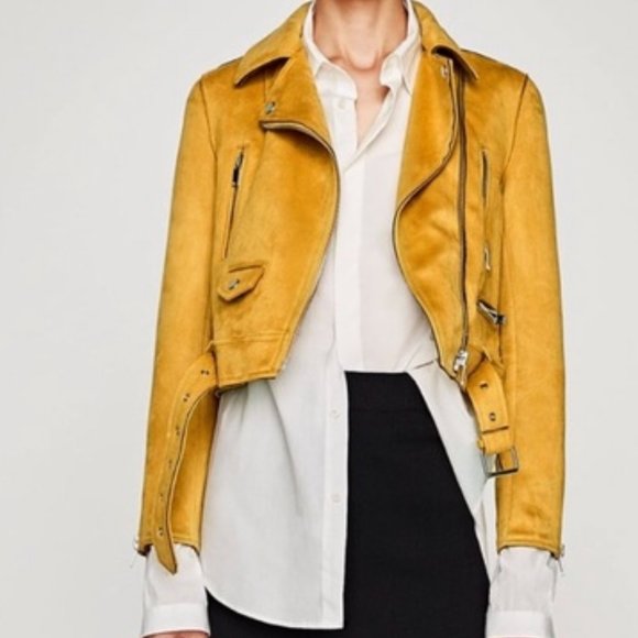 mustard leather jacket zara